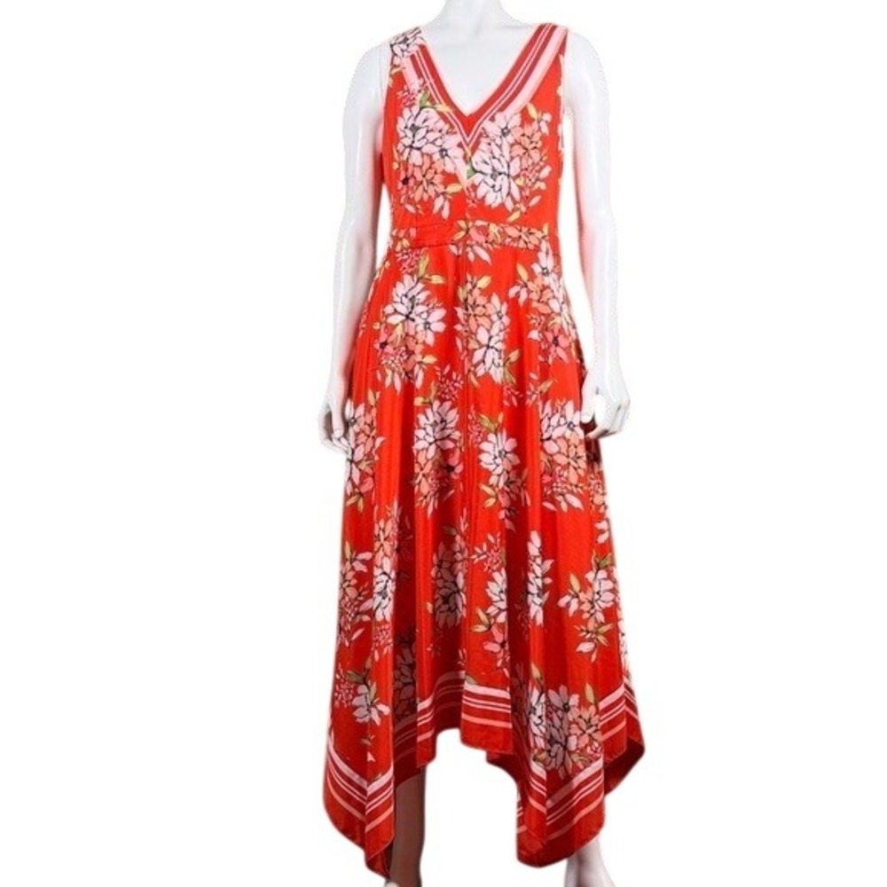 Vince Camuto Womens Orange Floral Handkerchief Hem V-Neck Midi Dress Size 8
